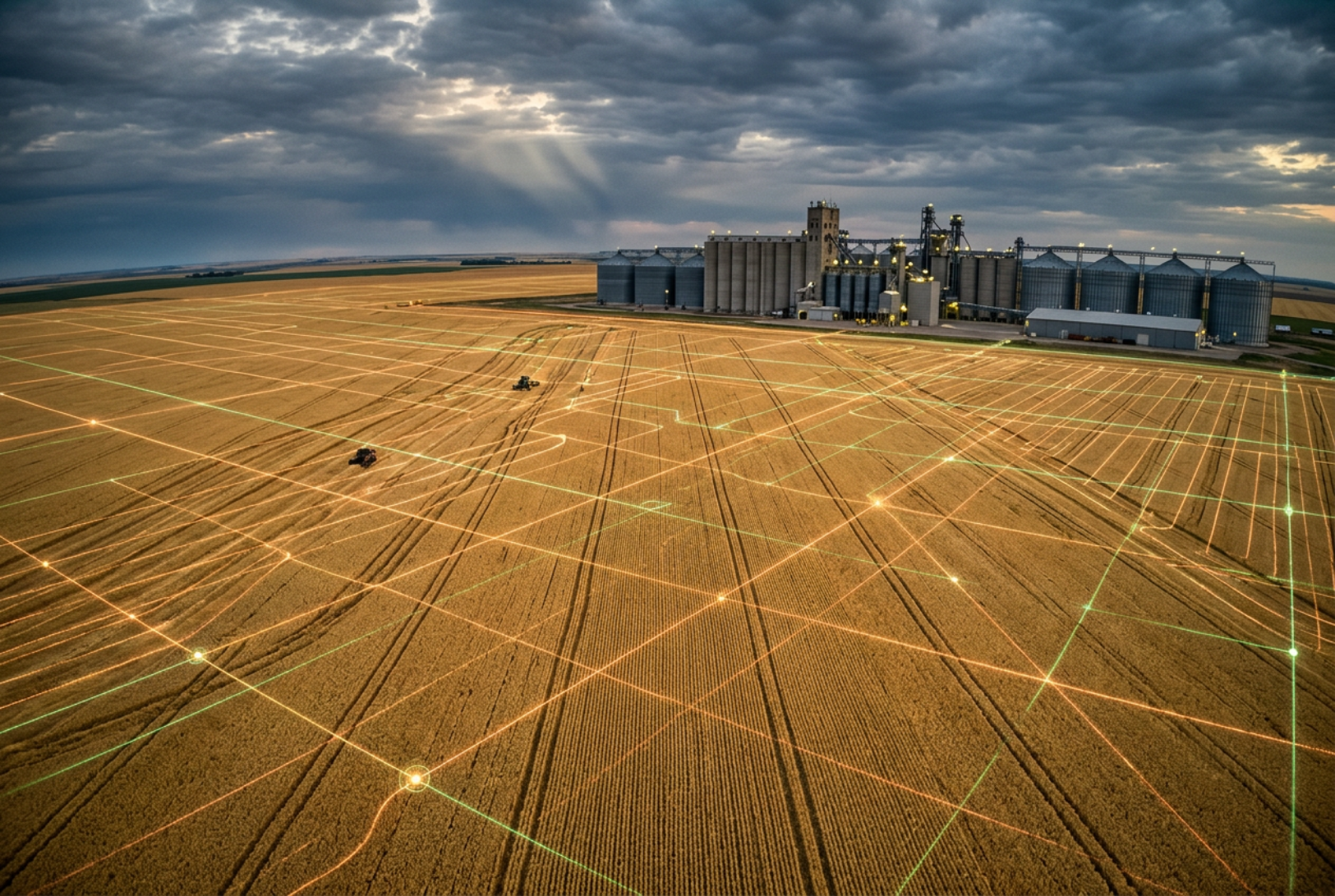 Vista aérea de lavoura e estrutura industrial do agronegócio